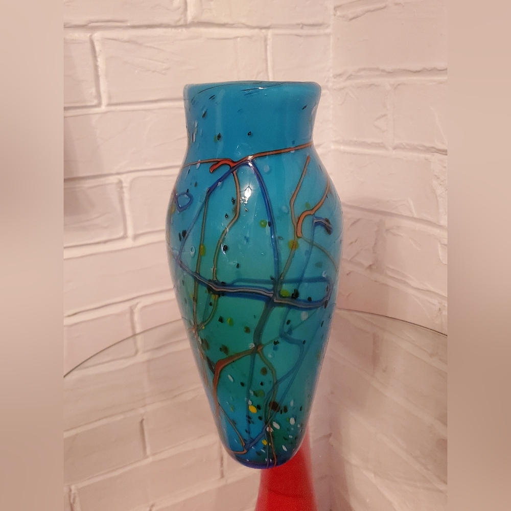 Postmodern Vintage 90s hand blow Studio Art Glass aque blue abstract vase - Picture 14 of 16